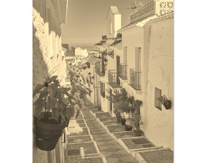 Vintage Mijas Citycape Spain Travel Poster Print Wall Art | Retro Mijas Street Home Decor | Mijas Coast Print Vertical | Mijas Sepia Photo