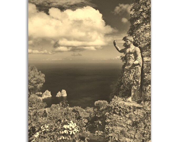 Capri Italy Poster Vintage Print | Retro Capri Summer Sepia Photo Gift | Mountain Cliff Wall Art Home Decor | Vertical Capri Travel Photo