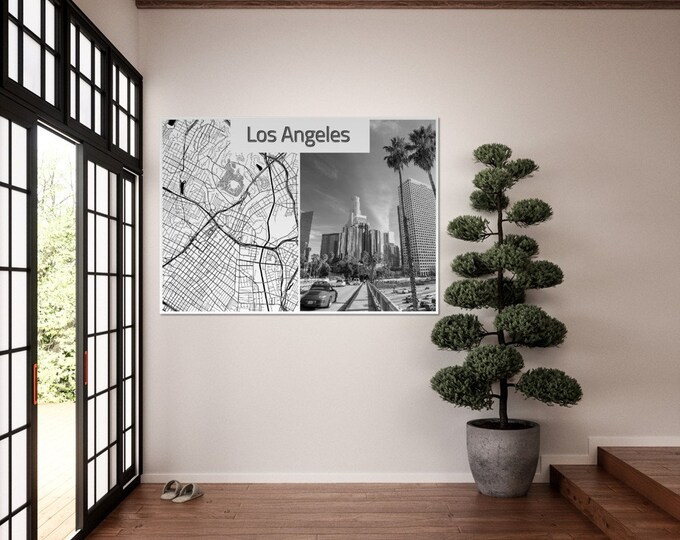 Los Angeles Poster Print Wall Art | Los Angeles Vintage| Map And City Digital Print | Los Angeles Horizontal | Black And White Travel Photo