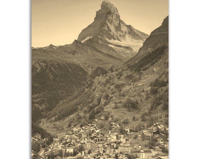 Vintage Zermatt Poster Switzerland Print | Retro Zermatt Black White Sepia Swiss Photo Gift | Zermatt Wall Art Home Decor | Vertical Poster