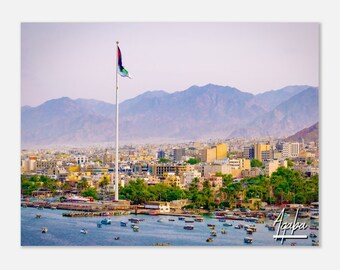 Aqaba Jordan Flag Coastal Print: Mountain Travel Photo