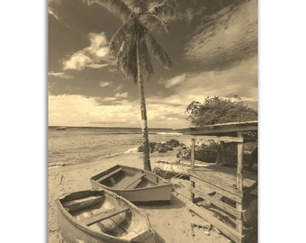 Vintage Barbados Beach Print: Sepia Tropical Photo Poster