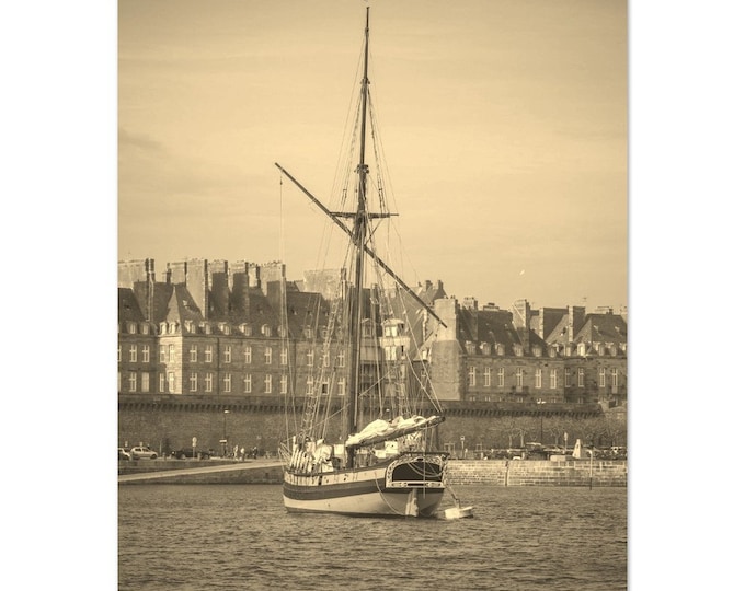 Vintage Saint-Malo France Poster | Retro Saint-Malo Boats Coastal Sepia Print | Saint-Malo Wall Art Home Decor Vertical Travel Photo Present