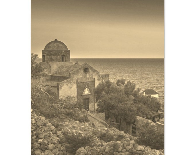 Vintage Monemvasia Greece Seascape Travel Poster Print Wall Art | Retro Monemvasia Coast Home Decor | Monemvasia Church Print Sepia Photo