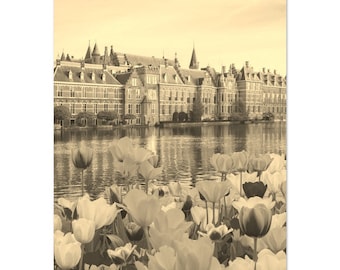 Vintage The Hague Travel Poster: Sepia Dutch Flowers Print