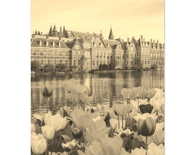 Vintage The Hague Netherlands Travel Poster Wall Art | Retro Hague Flowers Home Decor | Hague Coast Print Vertical | Hague Sepia Photo