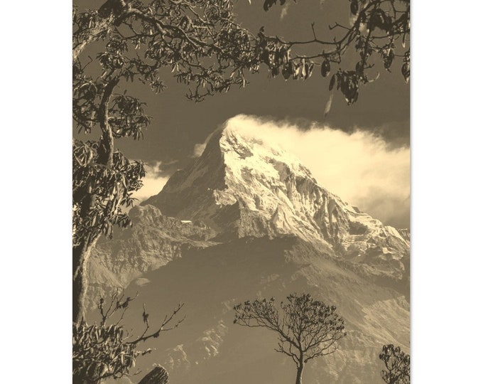 Vintage Annapurna Nepal Poster | Retro Annapurna Landscape Black White Sepia Print | Annapurna Mountain Wall Art Home Decor Travel Photo
