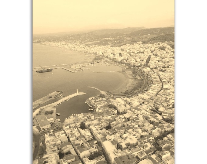 Vintage Rethymno Greece Poster Print | Retro Rethymno Aerial View Sepia Photo Gift | Rethymno Wall Art Home Decor | Vertical Travel Poster