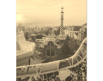 Vintage Barcelona Print: Sepia Park Güell Travel Poster
