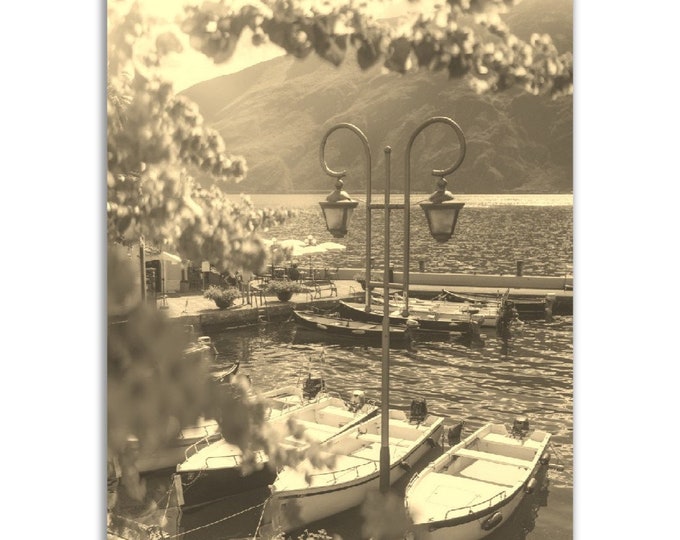 Lake Garda Poster Vintage Print | Retro Lake Garda Black and White Sepia Photo Gift | Lake Garda Wall Art Decor | Vertical Lake Garda Photo