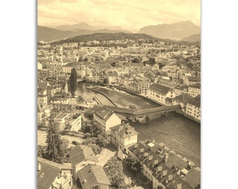 Lucerne Switzerland Poster Vintage Print | Retro Swiss Cityscape Sepia Photo Gift | Lucerne Wall Art Home Decor | Vertical Travel City Photo
