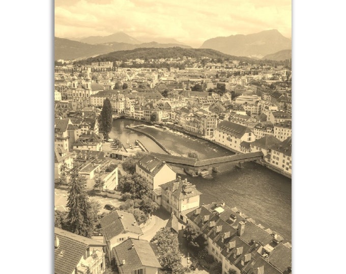 Lucerne Switzerland Poster Vintage Print | Retro Swiss Cityscape Sepia Photo Gift | Lucerne Wall Art Home Decor | Vertical Travel City Photo