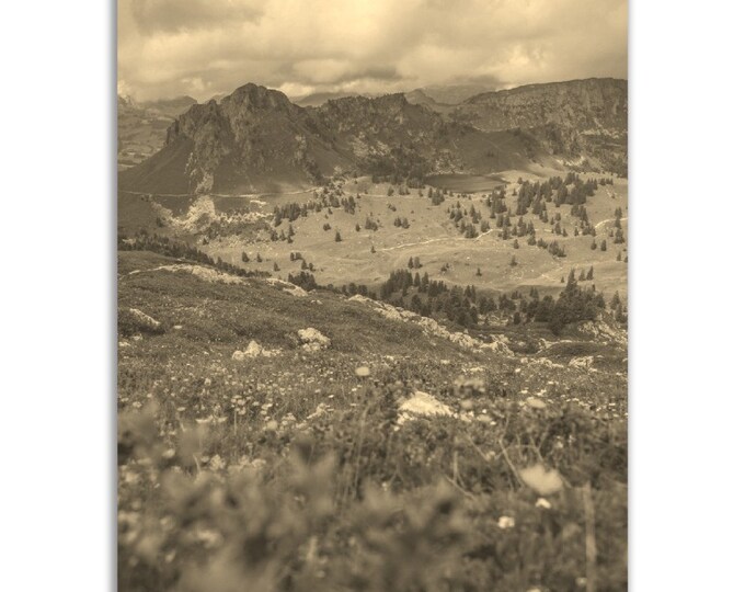 Switzerland Countryside Poster Vintage Print | Retro Mountains Sepia Photo Gift | Swiss Wall Art Home Decor | Vertical Travel Present Photo