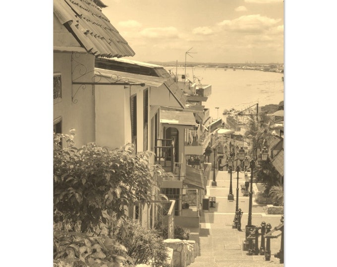 Vintage Guayaquil Ecuador Seascape Travel Poster Print Wall Art | Retro Guayaquil Coast Home Decor | Guayaquil Street Vertical Sepia Photo