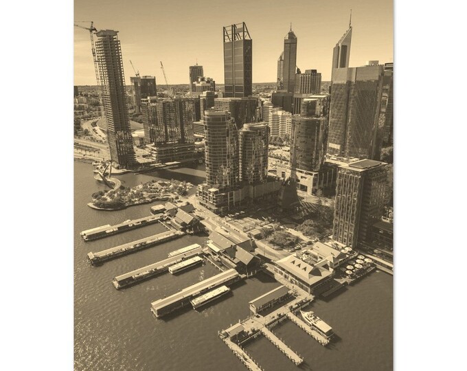 Vintage Perth Australia Skyscrapers Poster | Retro Perth Coast Sepia Print | Perth Port Wall Art Home Decor | Vertical Perth Travel Photo