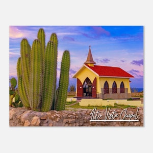 Alto Vista Chapel Aruba Travel Poster Wall Art | Arikok Home Decor | Arikok Cactus Plants Print | Arikok Small Church | Arikok Hanging Photo