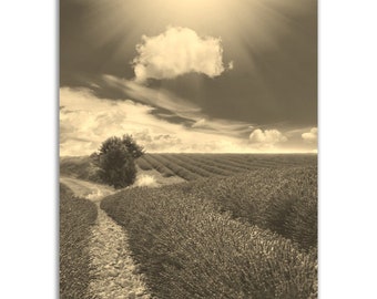 Vintage Provence Lavender Field Poster: Sepia Tone France Print