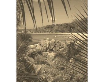 Vintage La Digue Seychelles Travel Poster: Tropical Beach Print