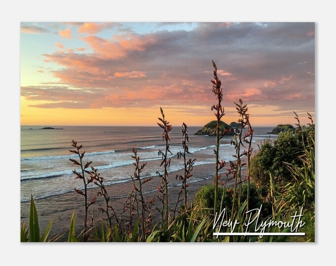 New Plymouth New Zealand Travel Poster Wall Art | New Plymouth Sunset Home Decor | New Plymouth Hay Beach Digital Print Horizontal Photo