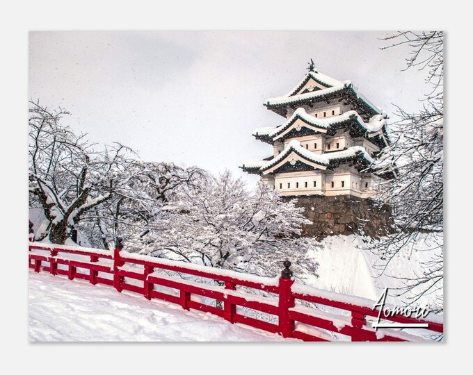 Aomori Japan Travel Poster Wall Art | Aomori White Hirosaki Castle Home Decor | Aomori Winter Print Horizontal | Wooden Bridge Photo Gift