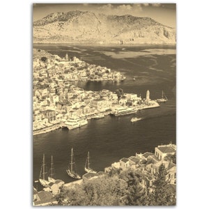 Vintage Rhodos Griechenland Poster Druck | Retro Rhodos Hafen Sepia Foto Geschenk | Rhodos Wand Kunst Wohnkultur | Vertikales Poster Rhodos Reisestadt