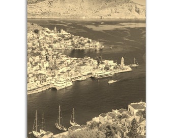 Vintage Rhodes Harbor Print: Sepia Greece Travel Poster