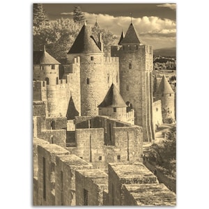 Vintage Carcassonne Francia Poster Print / Retro Castle Sepia Photo Gift / Carcassonne Wall Art Home Decor / Vertical Travel City Poster