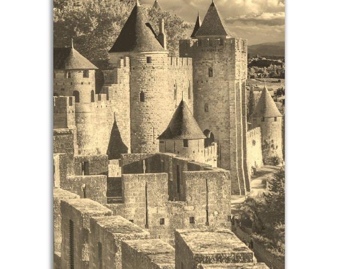 Vintage Carcassonne France Poster Print | Retro Castle Sepia Photo Gift | Carcassonne Wall Art Home Decor | Vertical Travel City Poster