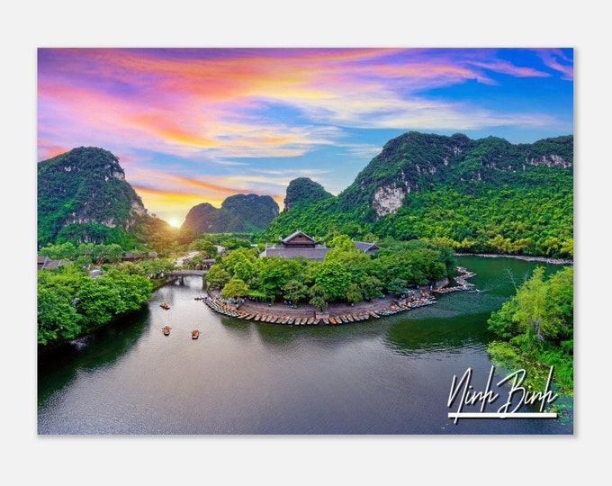 Ninh Binh Vietnam Travel Poster Wall Art | Ninh Binh Boats Home Decor | Ninh Binh Coast Landscape Print | Ninh Binh Sunset Horizontal Photo