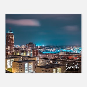 Enschede Netherlands Travel Poster Wall Art | Enschede Skyline Home Decor | Enschede Digital Print Night Horizontal | Enschede Town Photo
