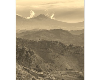 Vintage Rwanda Travel Poster: Sepia Mountain Landscape Print