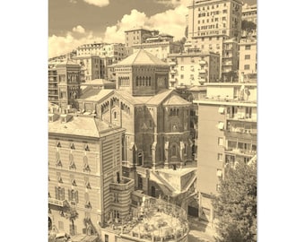 Vintage Genoa Italy Print: Sepia Cityscape Travel Photo