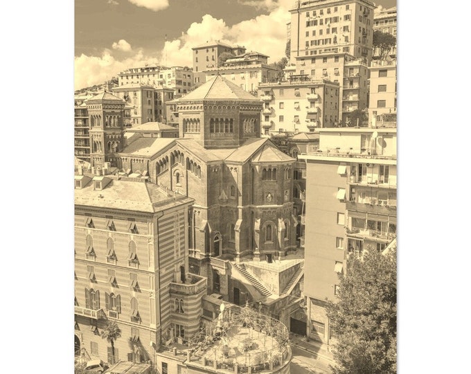 Vintage Genoa Italy Poster | Retro Genoa Black White Sepia Print | Genoa Buildings Wall Art Home Decor | Vertical Genoa City Travel Photo