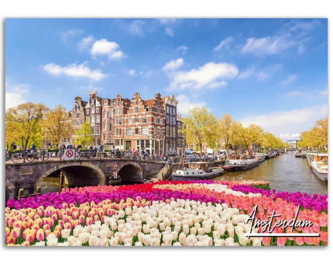 Amsterdam Netherlands Poster Print Wall Art | Amsterdam Tulips Old Town Home Decor Gift Hangings | Amsterdam Digital Prints Horizontal Photo