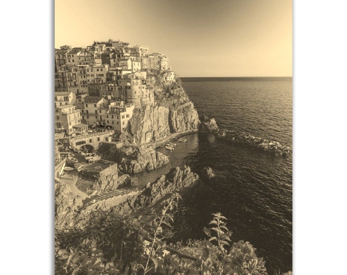 Vintage Cinque Terre Italy Poster Print | Retro Village Sepia Photo Gift | Cinque Terre Italy Wall Art Home Decor | Vertical Travel Poster