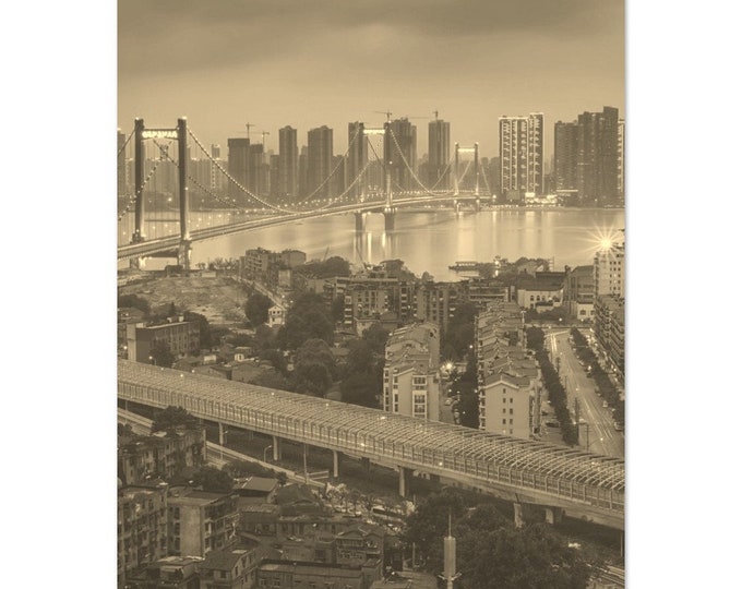 Vintage Wuhan China Travel Poster Print Wall Art | Retro Wuhan Skyscrapers Home Decor | Wuhan Print Vertical | Wuhan Coast Sepia Photo Print