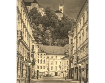 Vintage Ljubljana Slovenia Poster: Sepia Street View Travel Print