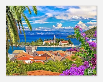 Vis Croatia Travel Poster: Coastal Town Skyline Art
