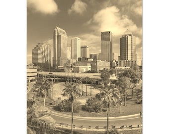 Vintage Tampa Florida Print: Sepia Skyline Travel Poster