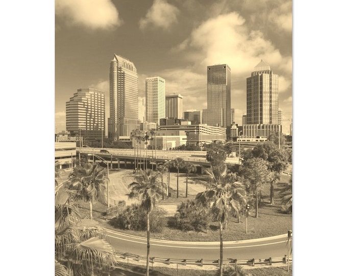 Vintage Tampa City Florida Travel Poster Print Wall Art | Retro Tampa Skyscrapers Home Decor | Tampa Town Print Vertical | Tampa Sepia Photo