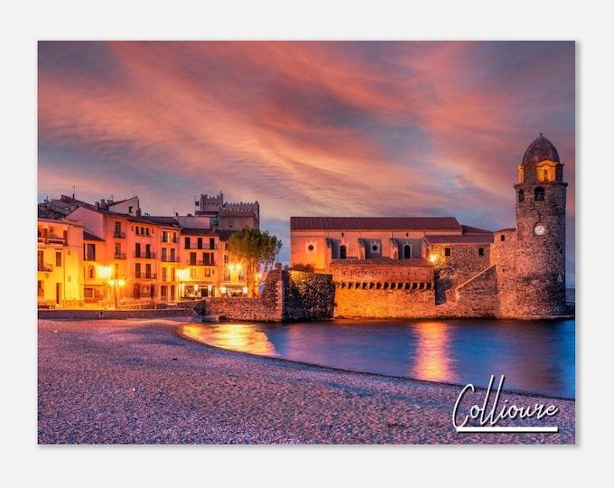 Collioure France Poster Print Wall Art | Collioure Sunset Home Decor | Collioure Digital Print | Collioure Church Skyline Travel Photo Gift