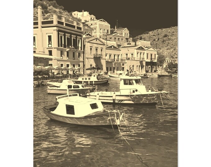 Vintage Halki Greece Travel Poster Print Wall Art | Retro Halki Coast Home Decor | Halki Boats Print Vertical | Halki Mountain Sepia Photo