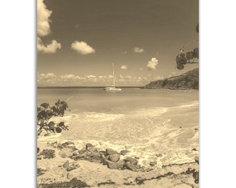 Saint Martin Beach Print: Vintage Caribbean Sepia Photo Poster