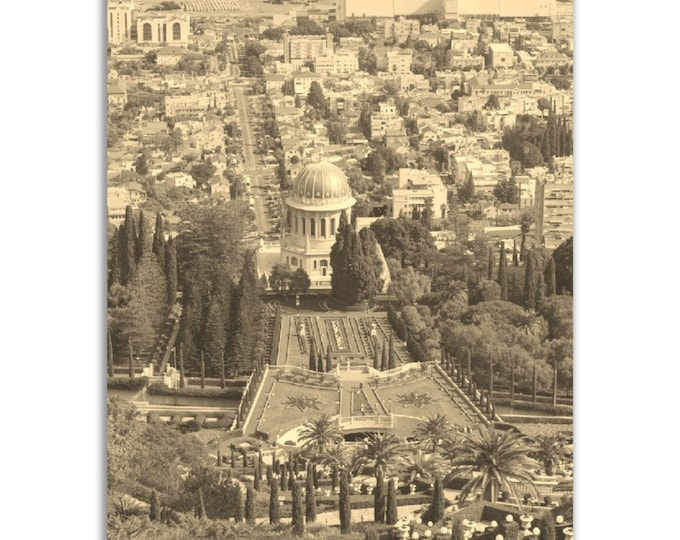 Vintage Haifa Israel Poster Print | Retro Bahai Garden Sepia Photo Gift | Haifa Wall Art Home Decor | Vertical Haifa Travel City Poster