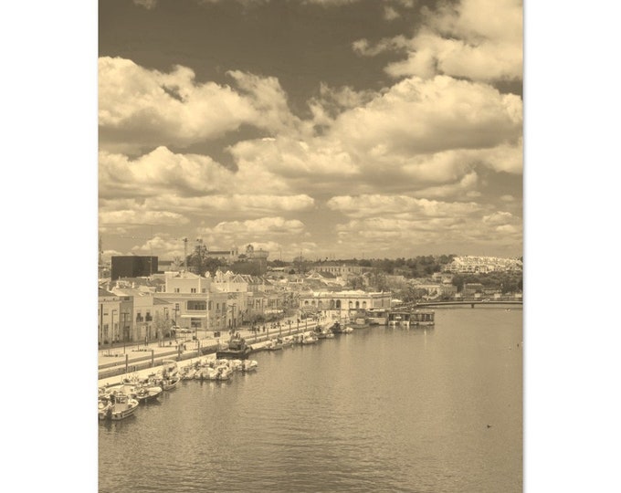 Vintage Tavira Town Portugal Travel Poster Print Wall Art | Retro Tavira Coast Home Decor | Tavira City Print Vertical | Tavira Sepia Photo