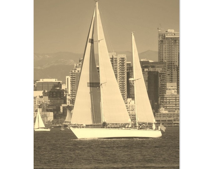 Vintage San Diego Coast California Travel Poster Print Wall Art | Retro San Diego Home Decor | San Diego Boat Beach Vertical Sepia Photo