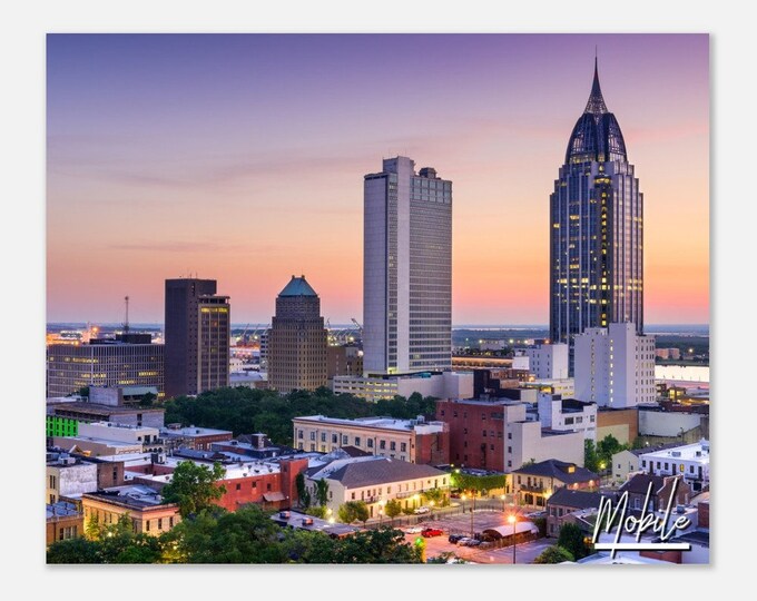 Mobile Sunset Skyline Poster Alabama Print Wall Art | Mobile Cityscape Home Decor Gift Prints Collectibles | Mobile Horizontal Travel Photo