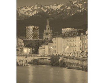 Vintage Grenoble France Travel Poster Print Wall Art | Retro Grenoble Mountain Home Decor | Grenoble Print Vertical | Grenoble Sepia Photo