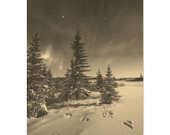 Vintage Churchill Winter Landscape Poster: Sepia Northern Lights Print