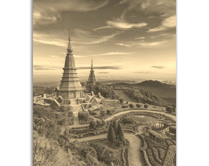 Vintage Chiang Mai Poster Thailand Print | Retro Pagoda Sepia Photo Gift | Chiang Mai Wall Art Thai Home Decor | Vertical Travel Poster